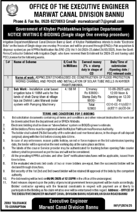 Marwat Canal Division Bannu Tender Notice